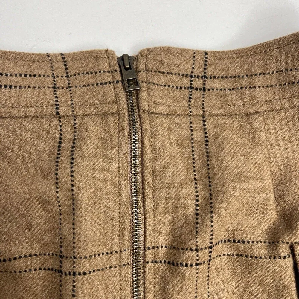 Madewell Zip Front Windowpane Mini Skirt Size 6 NWT Camel Brown Wool